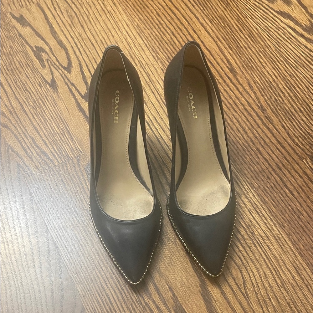 Coach Black Leather Pointed-Toe Pumps with Stud Trim